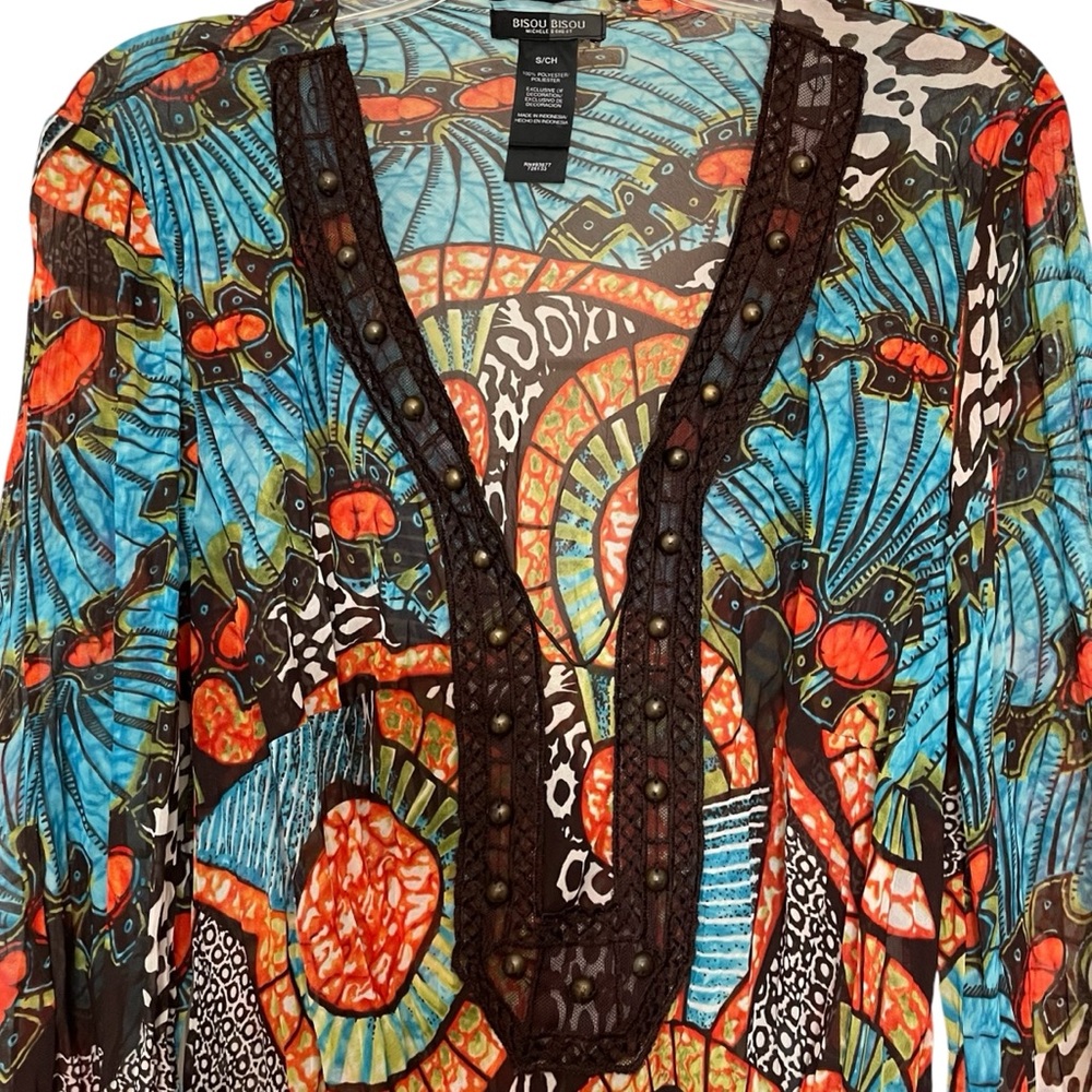 Bisou Bisou Boho Sheer Embellished 3/4 Sleeve Tunic Cover-up Dress - Picture 2 of 12